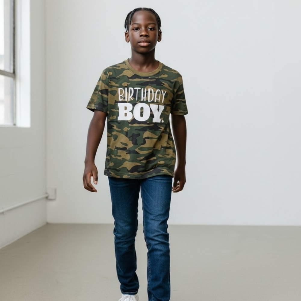 Unordinary Toddler Camo "Birthday Boy" Graphic Tee 7Y EUC Cotton
